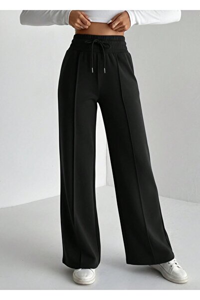 Sun Victoria Women's Black Extra High Waist Striped Wide Leg Sweatpants