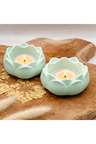 Mira Tasarım Mint Yeşili Mumluk - 2 Adet Lotus Çiçeği Mumluk