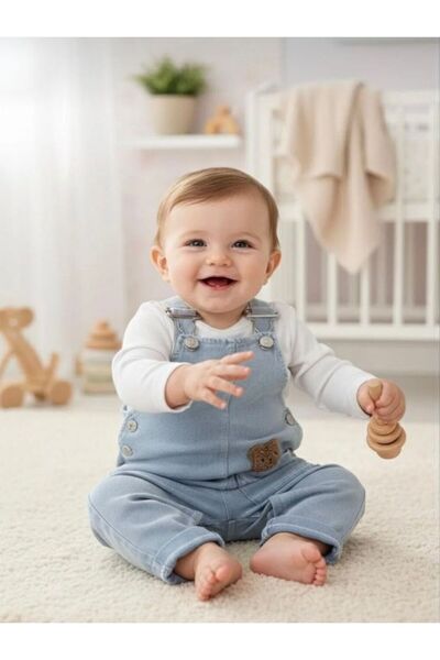 Baby Buu Minik cepte bear punch işlemeli mevsimlik kot kumaş 2li salopet set