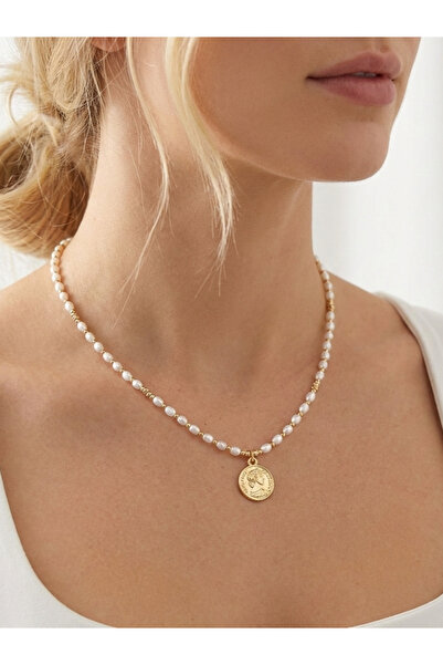 mew atelier Kadın Gold Renk Antik Para Madalyon Uçlu İnci Görünümlü Boncuk Ko...