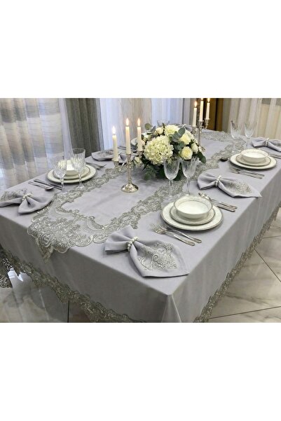 Sfr Home by FİSKOS Meli̇sa Gray Linen Fabric Dining Table Cloth Set
