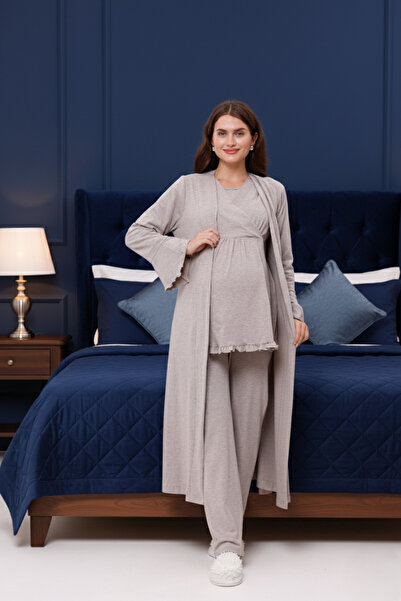 Yulem Homewear Beige Double-Breasted Cotton Maternity Pajama Set with Nursing...