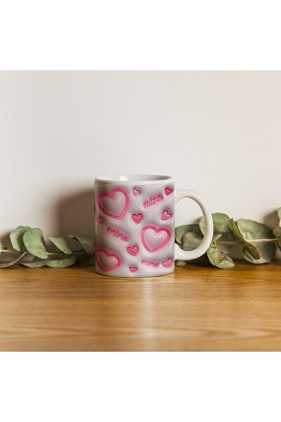 Beramussa Heart Figured Mug – Pink Heart Patterned 3D Look Non-Embossed Cup –...