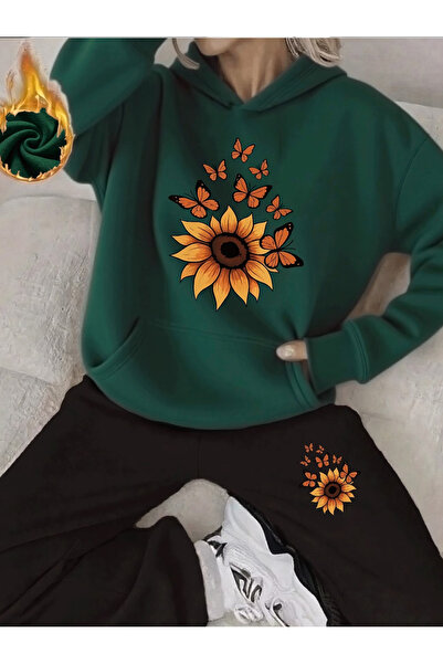 ibibik moda Women Floral Printed Hooded Tracksuit Set - Hooded Sweatshirt Bot...