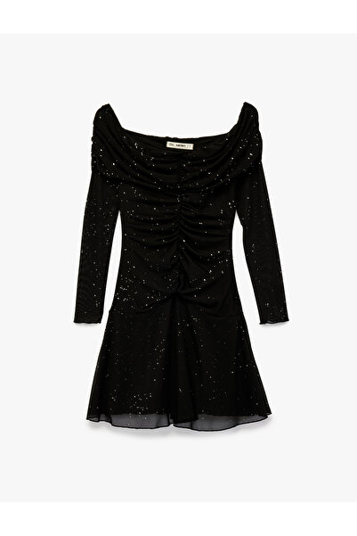 Koton Off the Shoulder Long Sleeve Draped Glitter Mini Tulle Dress