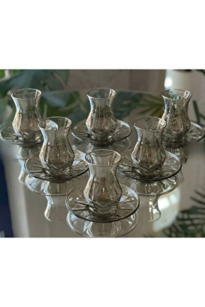 ASSA BAZAAR 6-Person Smoked Glass Tea Set – Modern Design Tea Cup and Saucer Set
