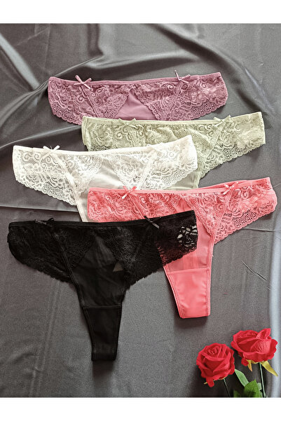 Papatya Yan Dantel Detaylı Transparan Arkası Tanga Kadın İç Giyim Külot ( Ren...