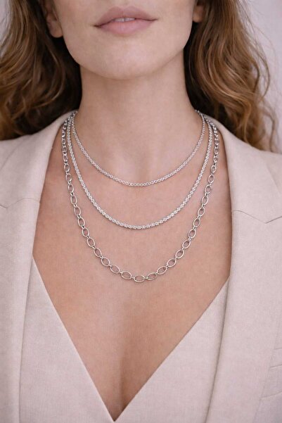 JİMNY JEWELRY Layera – 3’lü Silver Çelik Zincir Kolye Seti