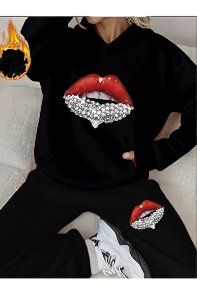 ibibik moda Dudak Printed Hooded pocketed cotton Hooded tracksuit set