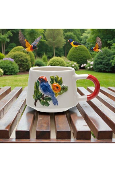 İlbay Çini Takı Kabartma Mavi Kuş Figürlü Seramik Kupa