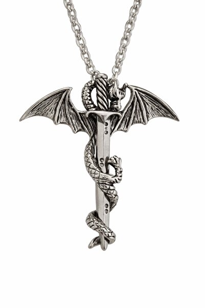 OEM Gothic Necklace with Winged Dragon on Sword Pendant, Silver
