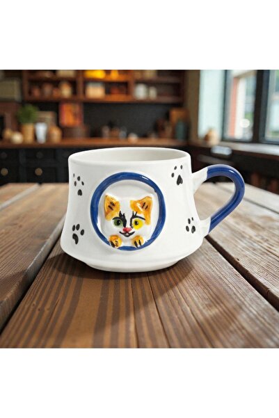 İlbay Çini Takı Navy Blue Cat Looking Out of the Window, Handcrafted Gift Cer...