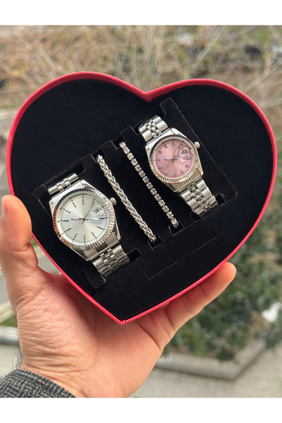 Tulpar Special Design Red Heart Boxed Lover Couple Wristwatch Set with Calend...