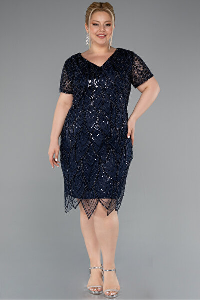 Abiyefon Lacivert Kısa Kol V Yaka Taşlı Büyük Beden Davet Elbisesi ABK2380