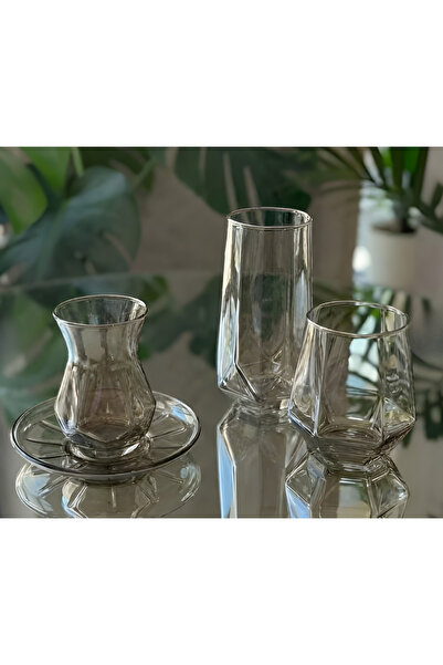 ASSA BAZAAR 18 Piece Smoked Glass Cup Set – 6 Tea Cups + 6 Long Water Glasses...