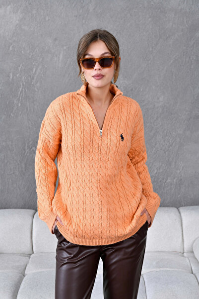 Park Karon Women's Mock Neck Zipper Detail Hair Knitwear Sweater 8006Sw