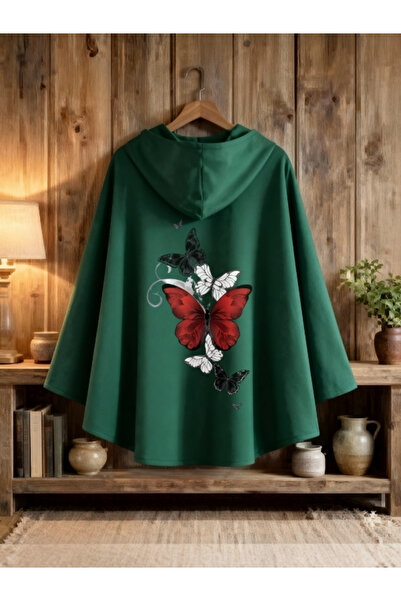 ship master Green Red Butterfly Patterned Hooded Poncho – Standard Size Styli...