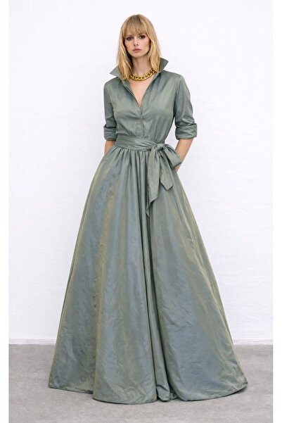 ALYEL NAKER Kuşaklı & Maxi Boy İpek Tafta Gömlek Elbise