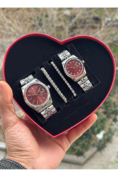 Tulpar Special Design Red Heart Boxed Lover Couple Wristwatch Set with Calend...
