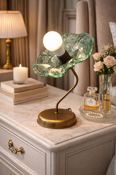 burenze Modern Vintage Flower Çiçek Tasarım El Yapımı Cam Yeşil Eskitme Gold