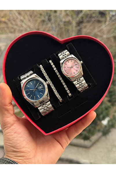 Tulpar Special Design Red Heart Boxed Lover Couple Wristwatch Set with Calend...