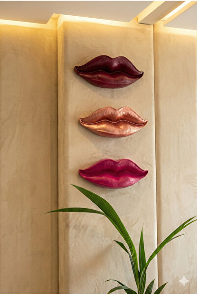 Dekoromi 3'lü Duvar Süsü Dudak Heykeli Biblo ve Obje (50cm Genişlik)