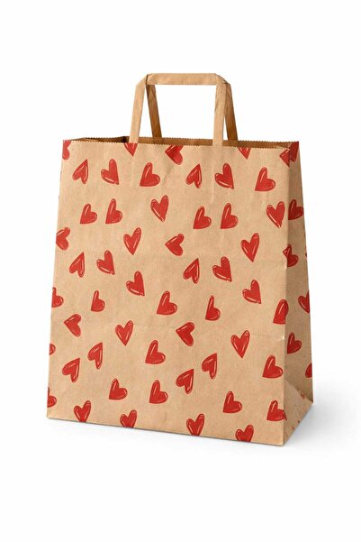 Aivor Kalp Desenli Kraft Çanta (10 adet) 27X16X29 cm Karton Kağıt Poşet Çanta