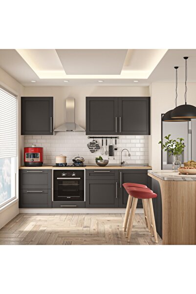 DEKOREX Pia Antrasit 240 Cm Fırın Ve Çekmece Modüllü Meşe Tezgahlı Hazır Mutf...