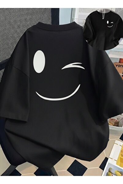 gencerco Tricou unisex cu design cu față zâmbitoare pe două fețe, cu gât rotu...