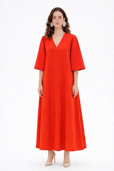 ALYEL NAKER V-Neck & Midi Length A-Line Crepe Dress