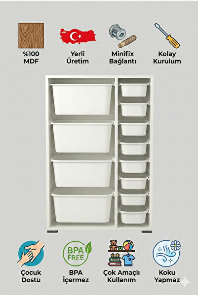 yabilmo %100 MDF Gövde Kolay Minifix Bağlantı 12 Çekmece Çok Amaçlı Oyuncak D...