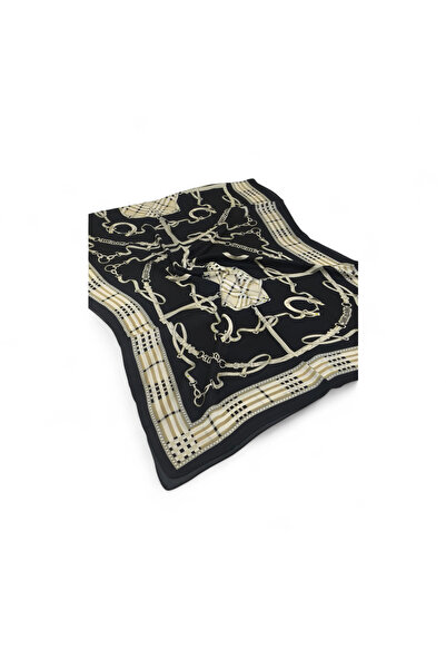 PİRAMİT Vual Silk Shawl with Plaid Belt Pattern Black Gold
