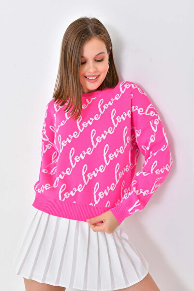 Park Karon Women's Crew Neck Love Text Detailed Knitwear Sweater 10517