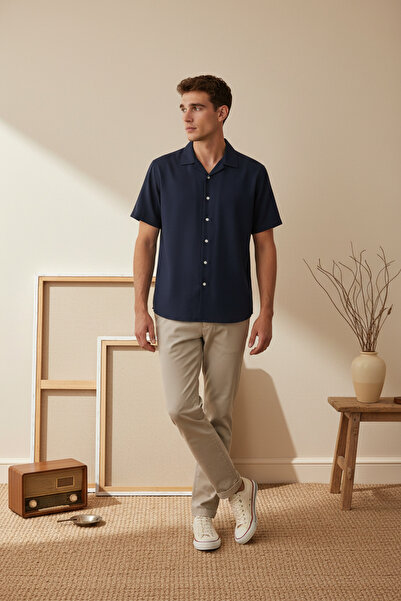 Wonraces Men's Comfortable Fit Apache Collar Short Sleeve Cotton Shirt