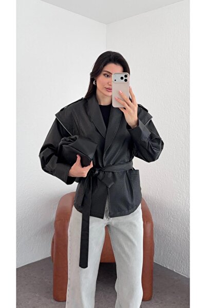 HAZELANNA Black Leather Jacket with Zipper Detail