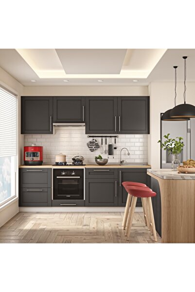 DEKOREX Pia Antrasit 240 Cm Asp. Fırın Ve Çekmece Modüllü Meşe Tezgahlı Hazır...