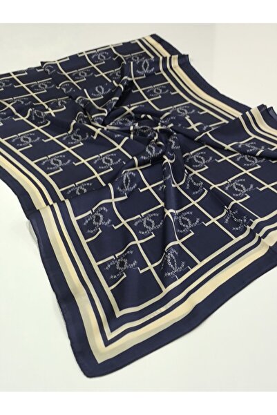 PİRAMİT Vual Silk Shawl with Square Logo Navy Blue Cream