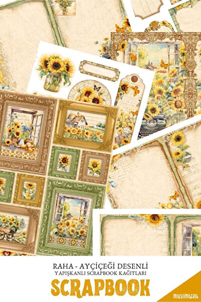 MuslimWalk Raha – Ayçiçeği Desenli – Yapışkanlı Scrapbook Kağıtları 10’lu Set...