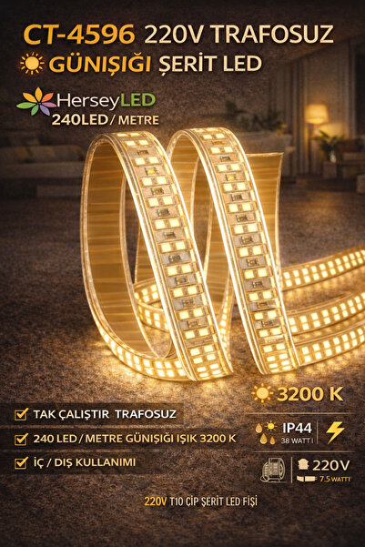 Cata CT-4596 220V 240LEDLİ GÜNIŞIĞI IŞIK 3200K DIŞ MEKAN ŞERİT LED ( 1 METRE )