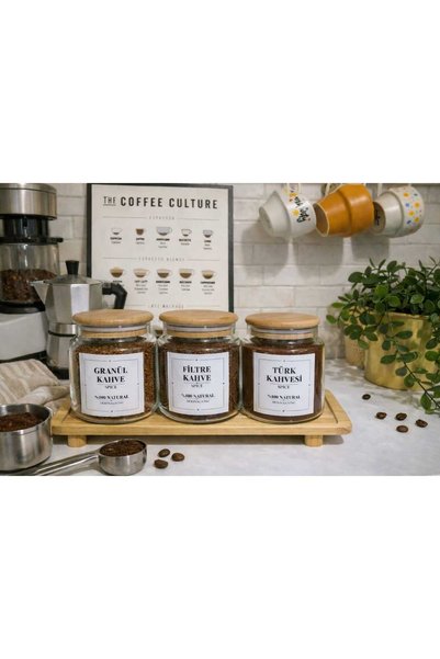 Durina Living 3-Piece 650 ml Glass Jar with Wooden Beech Lid Vacuum Turkish – Filter – Granule Coffee Set