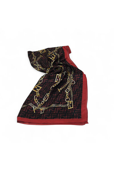 PİRAMİT FENDİ ZİNCİR DESEN VUAL İPEK ŞAL KIRMIZI SİYAH