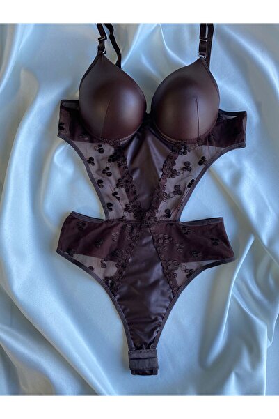 Gold Night Women's Lace Leather Brown Transparent Snap Fastener Bra Bodysuit ...