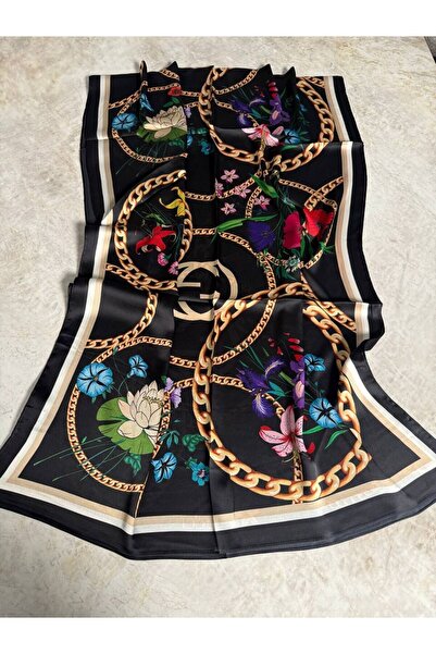 PİRAMİT Vual Silk Shawl with Flower Chain Pattern Black