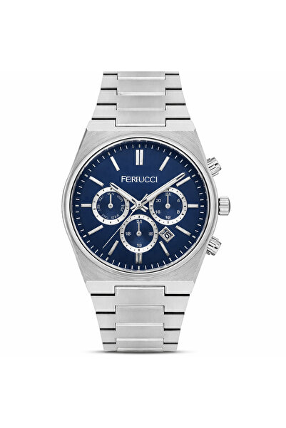 Ferrucci Men's Wristwatch Silver Steel Band, Navy Blue Dial, Multifunction, w...