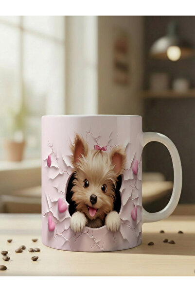 NİVRA GRUP Cute Heart Dog Themed 3D Printed Porcelain Mug Cup