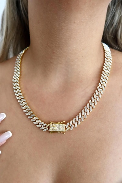 BirYıldızOl Zircon Stone Gold Thick Cuban Chain Design Women's Necklace