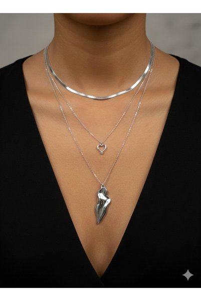 Elmosia Jewelry Silver Silver Multi-Chain Women's Necklace – Stylish Layered Necklace with Minimal Heart Detail & Modern Figure Pendant