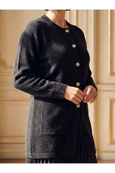 tiriTEK TRİKO Crew Neck Soft Knit Cardigan / Black