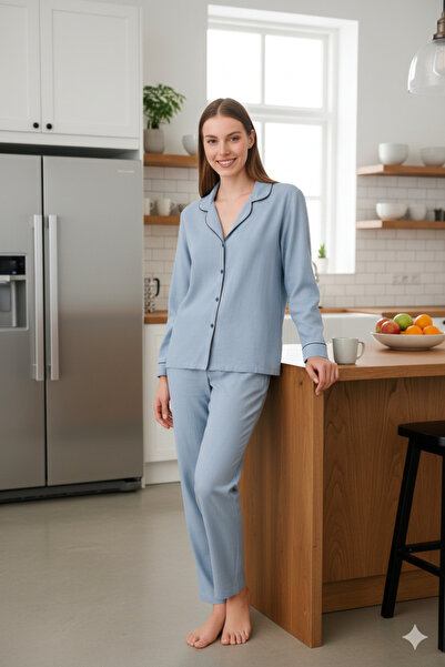 PjPAZAR Mavi %100 Pamuklu Puf Dokulu Ara Biyeli Müslin Kumaş Dokuma Pijama Ta...