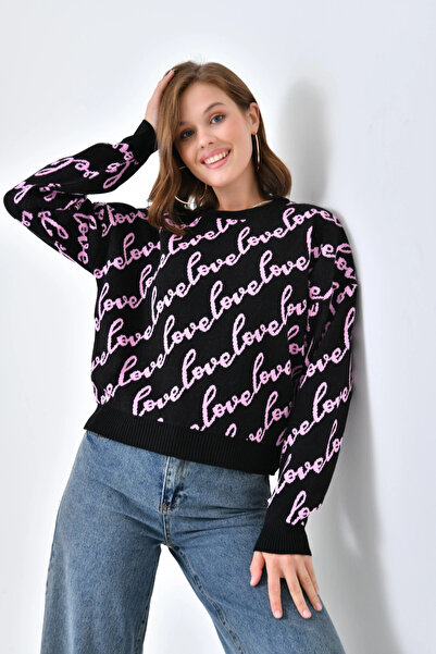 Park Karon سترة تريكو نسائية بياقة دائرية وتفاصيل نصية 10517